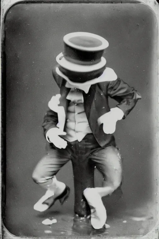 Image similar to a wet plate photo of an anthropomorphic sing and dancing vaudeville frog, porkpie hat