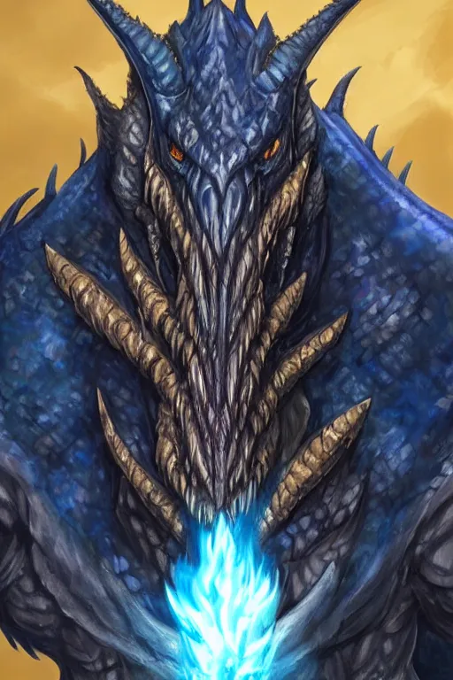 Prompt: a D&D character of a dark blue dragonborn with large tusks, half of his face flaming with blue flame, he wears a black dragon scales armor, D&D art