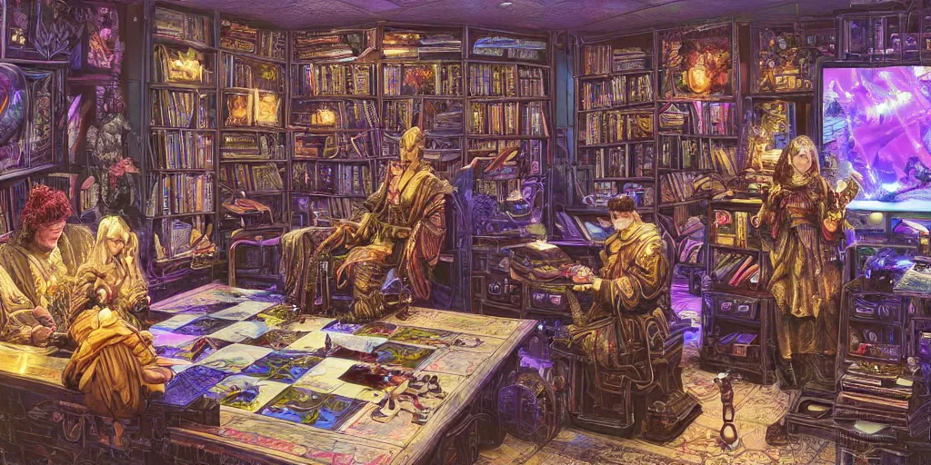 Image similar to beautifully detailed scene of a cyberpunk hyperborean magitech esoteric play and games scholar floral patterned robes in his study with holographic machinery, board games, chess contraptions, video game consoles, controllers, large crt monitors, books light projection mystical outdoor temple natural scene