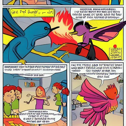 Prompt: a comic book page showing a young small phoenix hummingfirebird learning to bake a cake