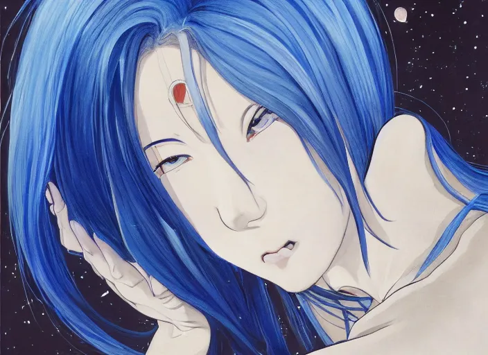 Image similar to a woman with blue hair laying on the ground with her head down, a detailed painting by rei kamoi, featured on pixiv, space art, official art, anime, toonami