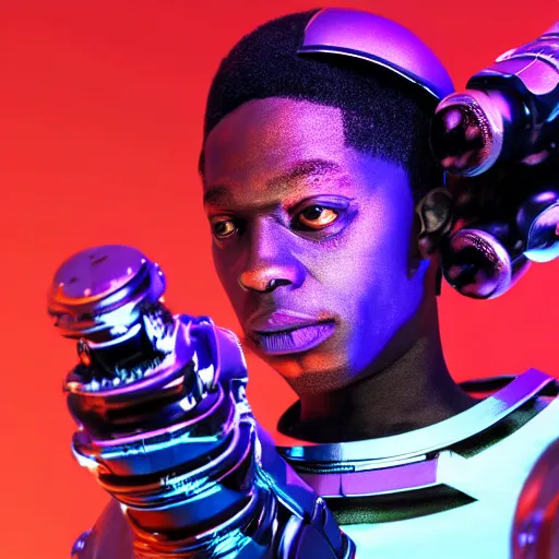Prompt: a cinematic film still of rapper unotheactivist as a cybernetic cyborg, cgi, surrealism, cold lighting, film photography