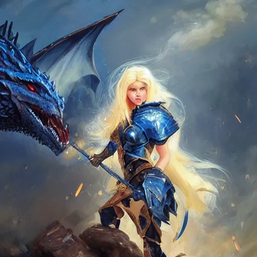 Prompt: Blonde knight wearing blue armor slaying a dragon, by greg rutkowski and thomas kinkade, Trending on artstation.