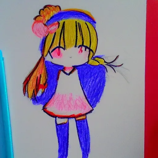 Prompt: crayon drawing of anime girl by a kindergarden student