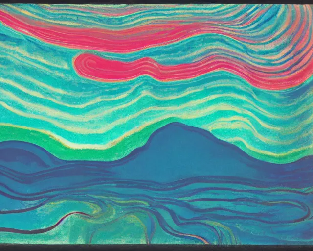 Prompt: Ocean waves in a psychedelic dream world. DMT. Curving rivers. Craggy mountains. Landscape painting by Edvard Munch. David Hockney. Zao . Minimalist.