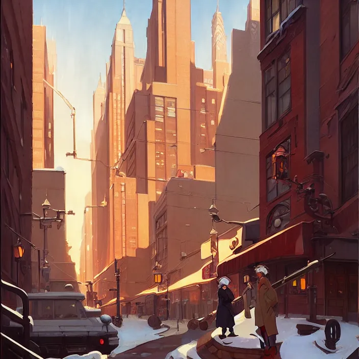 Image similar to american big city, winter, in the style of studio ghibli, j. c. leyendecker, greg rutkowski, artem