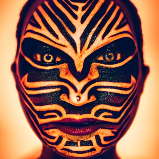 Image similar to portrait photo of a beautiful alien face with tribal tattoos on face, golden hour, 8 0 mm lens