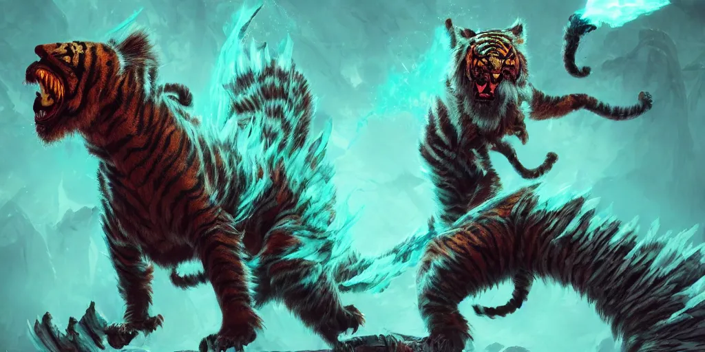 Prompt: Ghostly tiger creature made out of turquoise energy character design sheet, Monster Hunter Illustrations art book, Bright sparks, claws, huge sabertooth fangs, Moebius, Greg Rutkowski, Zabrocki, Karlkka, Jayison Devadas, Phuoc Quan, trending on Artstation, 8K, ultra wide angle, zenith view, pincushion lens effect.