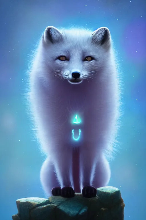 Prompt: a surreal Bioluminescent, very very very cute Arctic Fox in a happy world by Daniel Merriam, Trending on Artstation, oil on Canvas by Elena Zhurikhina and Goro Fujita and Charlie Bowater, octane render, 4k, 8k, HD