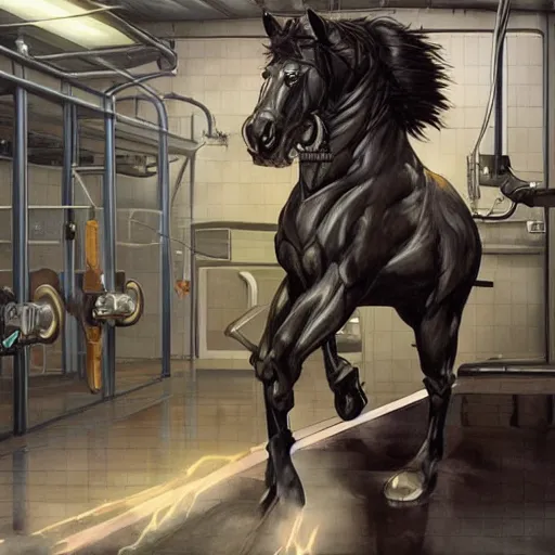Image similar to splash art of a hyper - muscular black - coated anthropomorphic horse character in a research facility wearing a combat kevlar outfit, long hair, exaggerated muscles, highly detailed, furry, furaffinity, digital painting, artstation, sharp focus, illustration, art by artgerm, greg rutkowski, alphonse mucha