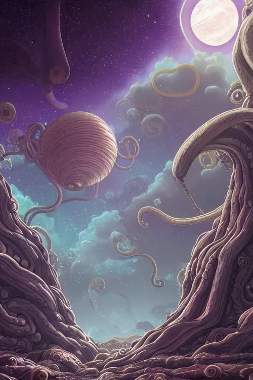 Image similar to concept art painting of an alien world with tentacle trees, artgerm, moebius, inio asano, toon shading, cel shading, calm, tranquil,