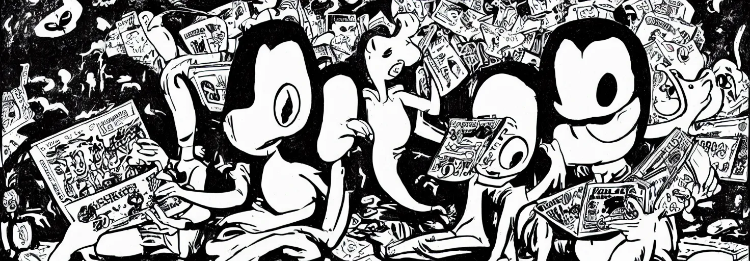 Image similar to a black and white photo of two aliens reading comic books, in the style of Gary Baseman, surreal, pulp, photorealism