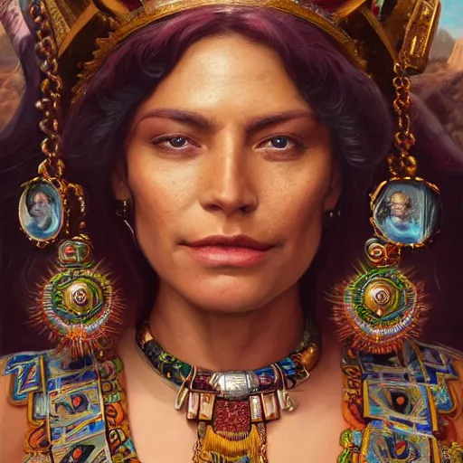 Image similar to an portrait of an happy female aztec empress, detailed, centered, digital painting, artstation, concept art, donato giancola, Joseph Christian Leyendecker, WLOP, Boris Vallejo, Breathtaking, 8k resolution, extremely detailed, beautiful, establishing shot, artistic, hyperrealistic, beautiful face, octane render