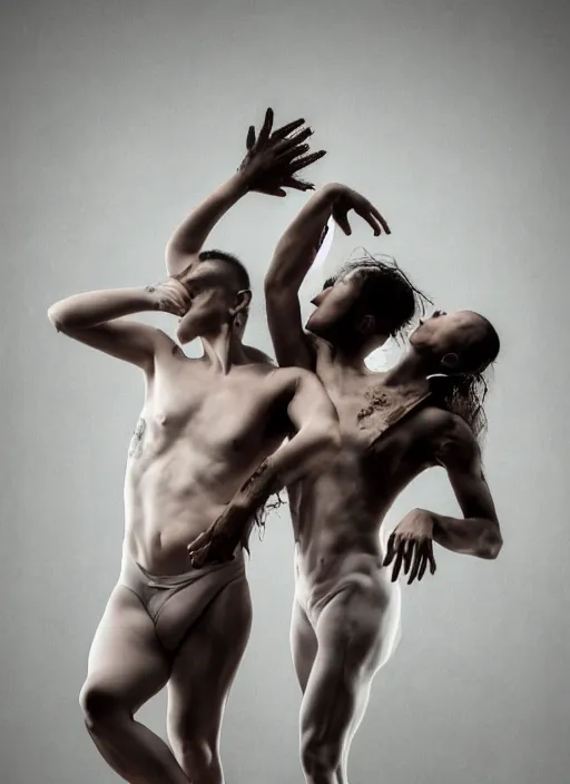 Image similar to expressive potrait photo of a clothed male and female butoh dancers dancing, glamour shot, by jenny saville, by stefan gesell, photorealistic, canon r 3, fashion photography, hyper maximalist, elegant, ornate, luxury, elite, environmental portrait, symmetrical features, octane render, unreal engine, solid dark grey background, dramatic lights