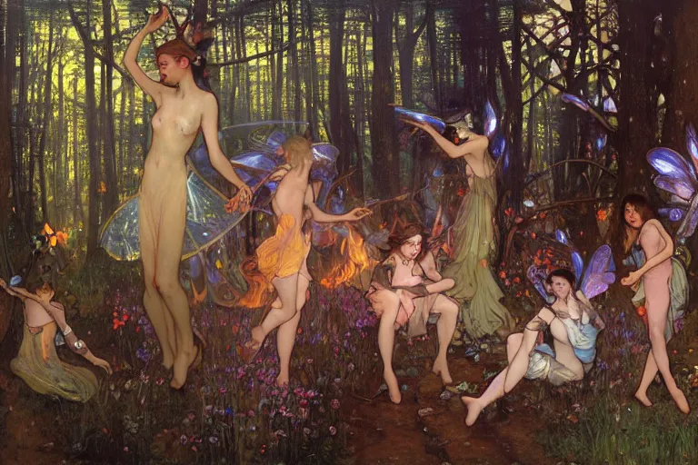 Image similar to dance of fairies around a fire in a forest at night, glowing, painting, muted colors, magical, by peter mohrbacher, by james gurney, by klimt, by alphonse mucha, by john william waterhouse