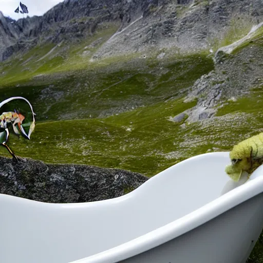 Image similar to dragonfly in a bathtub in the alps, sheep!!! in background