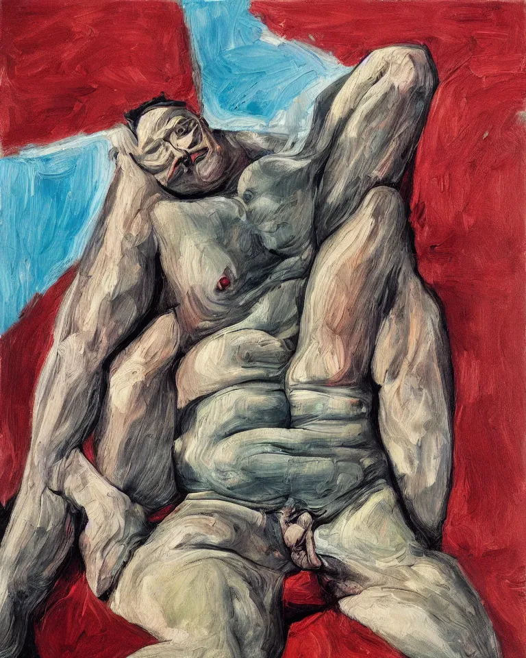 Prompt: high quality painting by lucian freud, hd, high contrast, fine details, hd, red, dark cyan, purple