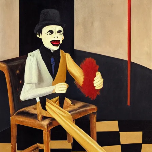 Image similar to oil painting of ventriloquist's dummy, sitting on chair with black leather seat, with gold comedy and tragedy masks on floor, black curtains in background, by neo rauch and paula rego