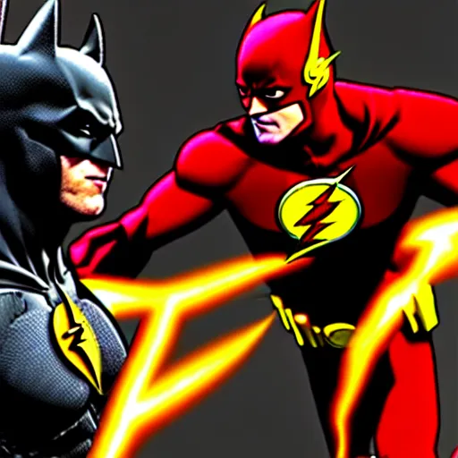 Image similar to ultra detailed fight between batman and the flash, unreal engine, extremely detailed, epic, dark