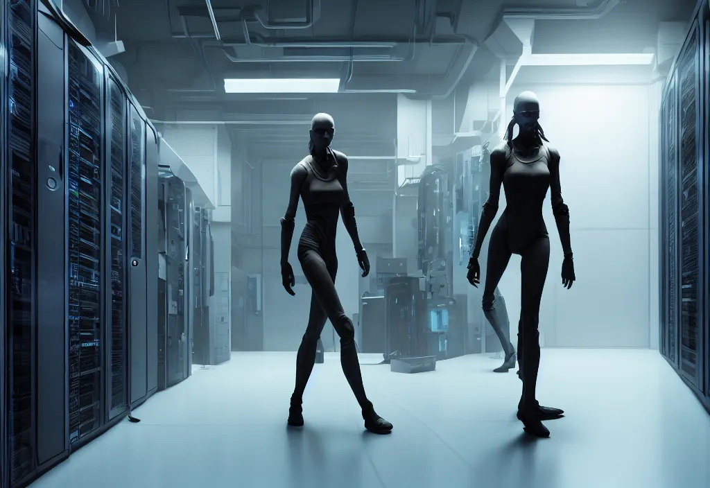 Image similar to android walking in server room in datacenter, shot by cyberpunk syle, character design, proportional body, whole body, whole figure, very realistic cinematic concept art, complementary color, realistic detailed, sharp lines, trending on artstation, volumetric lighting, style by vitaly bulgarov artstaion film by neil blomkamp style, octane render