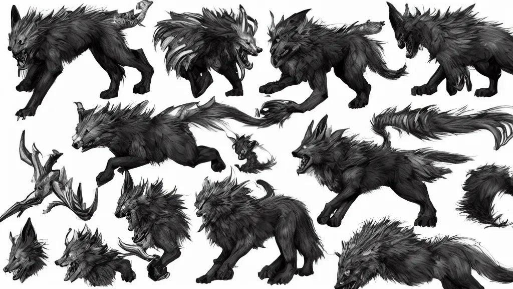 Prompt: a fantasy worg character mount design sheet, trending on artstation