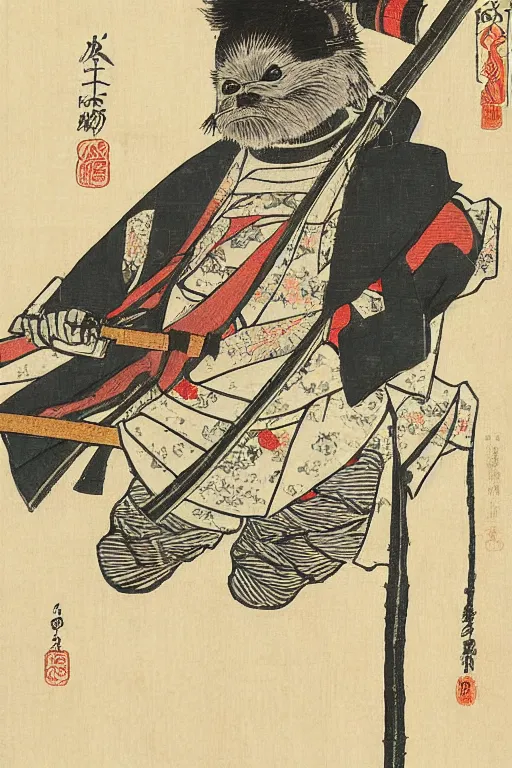 Image similar to Japanese woodblock print of an Ewok holding a samurai sword , cherry blossom, Hokusai