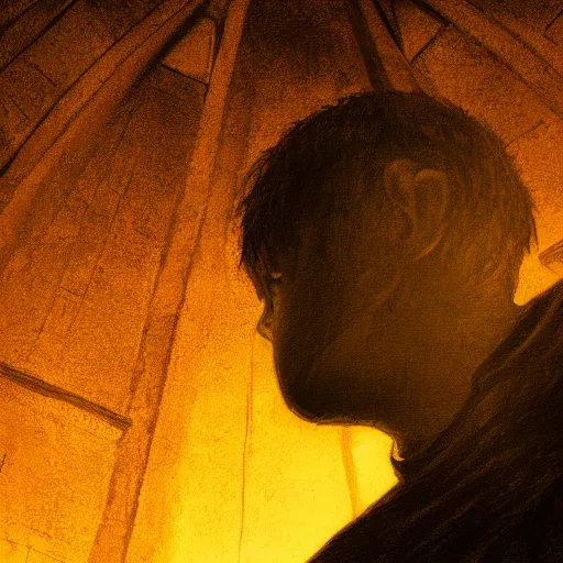 Image similar to Close-up of a terrified young catholic priest at the top of a medieval tower watching in fear as an ominous yellow shadow descends upon him from the night sky. He is fervently praying but his eyes are wide open with fear. Low angle angle, dramatic lighting. Award-winning digital art, trending on ArtStation