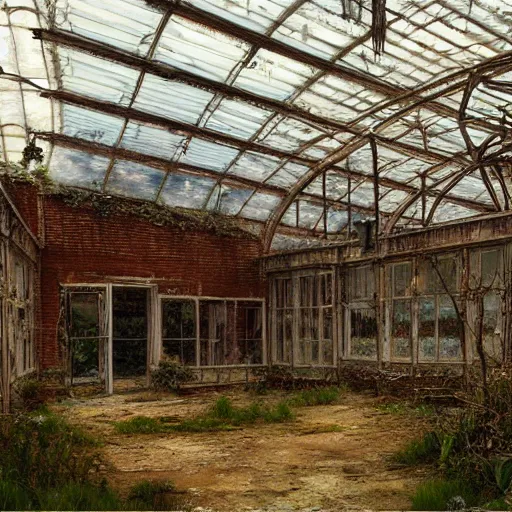 Prompt: concept art of an abandoned greenhouse with subtle cracks in reality by john howe and henry ossawa tanner, trending on artstation, hyperrealism, highly detailed, art gallery, museum piece