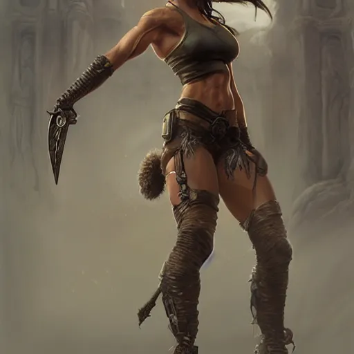 Image similar to lara croft as a female bodybuilder sorceress, fantasy, intricate, elegant, highly detailed, digital painting, artstation, concept art, matte, sharp focus, illustration, art by aenaluck and roberto ferri and greg rutkowski, epic fantasy, digital painting