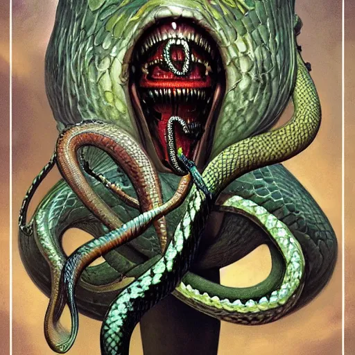 Image similar to a snake oil salesman that is also a grinning anthropomorphic snake, dave mckean, hr giger, peter mohrbacher, wayne barlowe