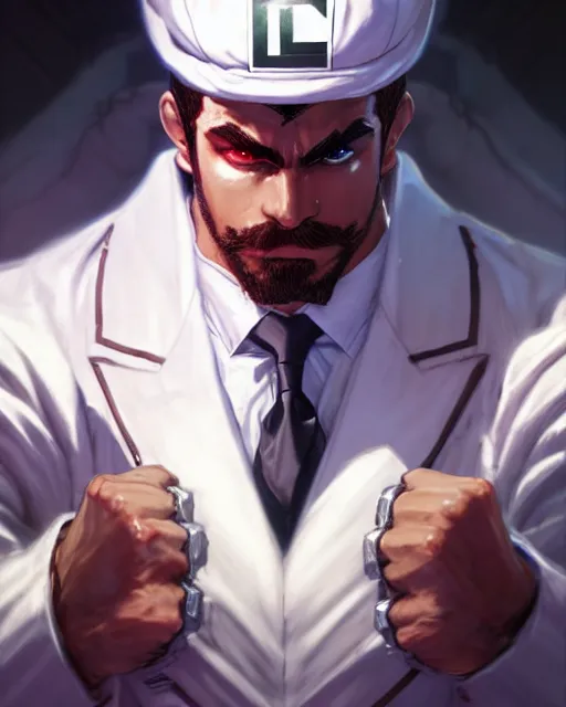 Image similar to gigachad luigi fighting like street fighter in a white suit, fantasy character portrait, ultra realistic, anime key visual, concept art, intricate details, highly detailed by greg rutkowski, ilya kuvshinov, gaston bussiere, craig mullins, simon bisley