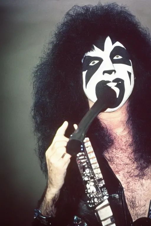 Image similar to portrait of lost member of rock band Kiss, 1975, 35mm lens, grainy