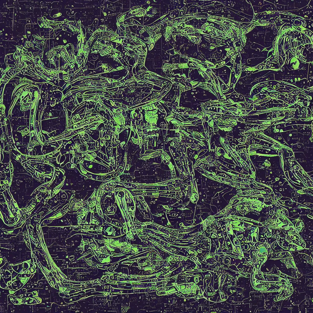 Image similar to toads, big toad, mechanical, technical, abstract, acrylic, oil, circuit board, computers, vektroid album cover, vectors, drips, dimensions, tears, leaks, glitches, frogs, amphibians, geometry, data, datamosh, motherboard, minimal, code, cybernetic, painting, dark, eerie, cyber