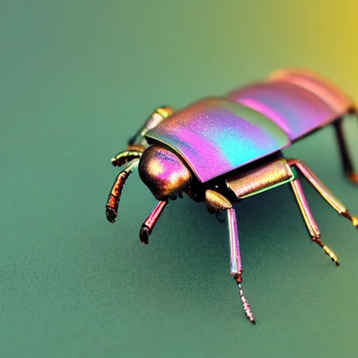 Image similar to iridescent metal robot beetle made out of simple geometric shapes. tilt shift photography. award winning