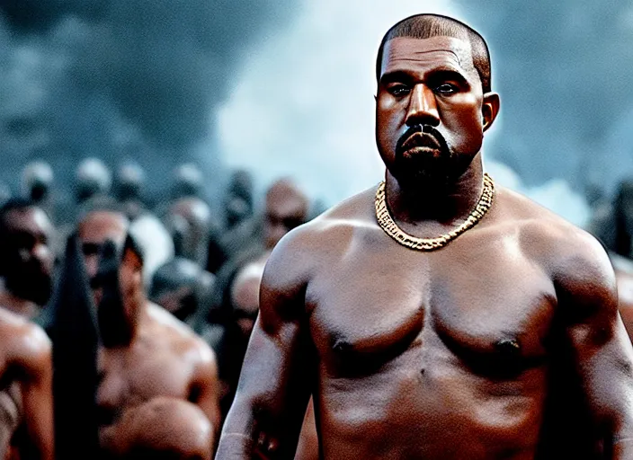 Prompt: film still of kanye west as leonidas in 3 0 0 movie, 8 k