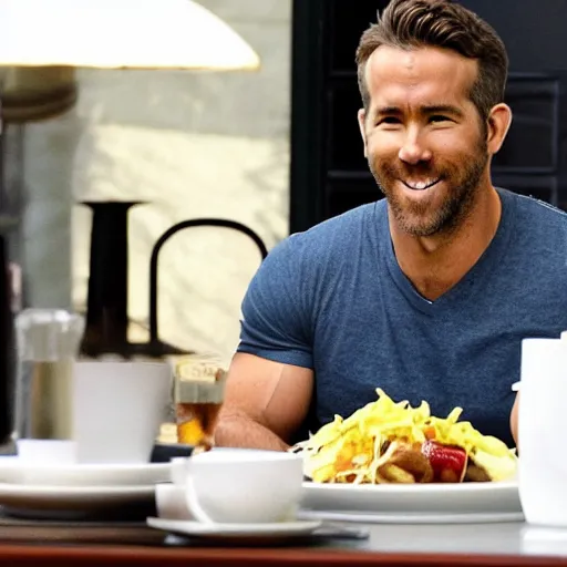 Image similar to ryan reynolds happy after a good breakfast
