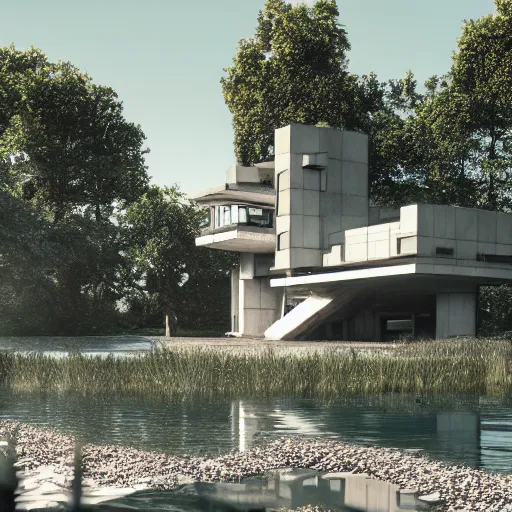 Image similar to brutalist villa on edge of a lake, antoni gaudi and le corbusier, photorealistic, cinematic, volume light, rendered in octane, artstation