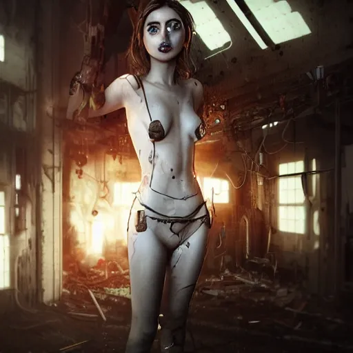 Image similar to Ana de Armas as a gorgeous feminine cyborg with white skin and glowing red eyes looking at herself in a mirror, a mirror in a derelict machine shop with wires and heavy machinery dripping with white liquid, feminine anatomy, sparks, post-apocalyptic, goth, metal, witchcraft, shadows, cinematic lighting, octane render, 8k, high detail