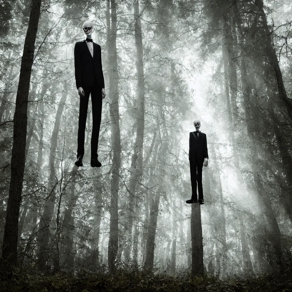 Image similar to cinematic still of slenderman in eerie dark forest, XF IQ4, f/1.4, ISO 200, 1/160s, 8K, RAW, dramatic lighting, symmetrical balance, in-frame