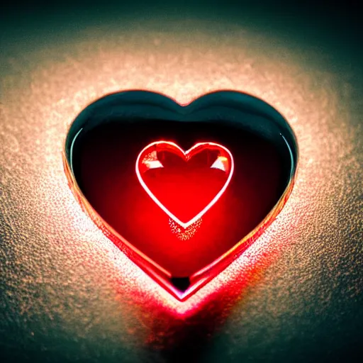 Prompt: a chrome carved heart, glowing gemstone, red light, intricate artwork, graphic style of Patrick Gleason very coherent symmetrical artwork, depth of field, bokeh