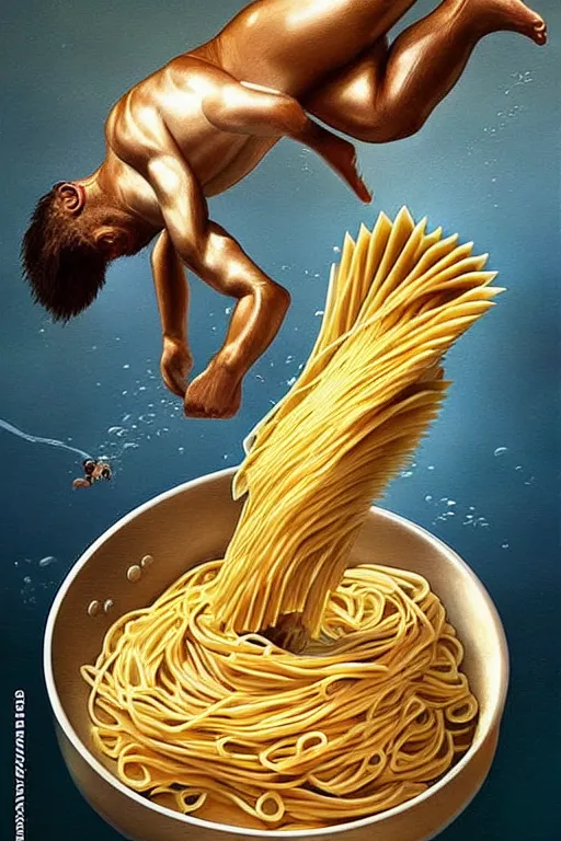 Image similar to olympic diving springoard, a tiny male diver is diving head down into a dish of pasta, detailed realistic sport art, artgerm