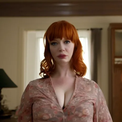 Image similar to a very surprised looking beautiful Christina Hendricks r in the living room, film still from the movie directed by Denis Villeneuve , wide lens