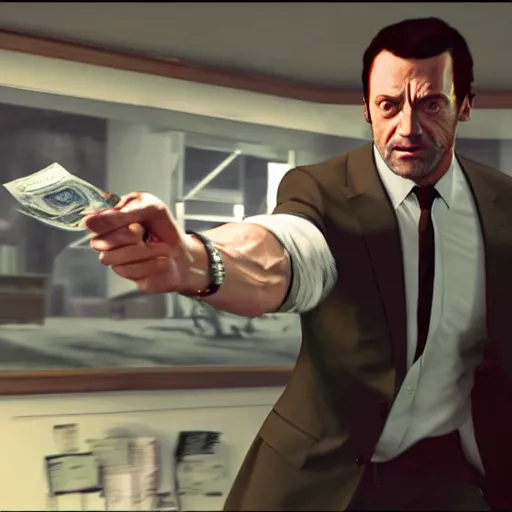 Prompt: action shot of hugh jackman in GTA V, GTA VI, at the club taking selfies with a pile of cash in the background, 8K, highly detailed, photo realistic