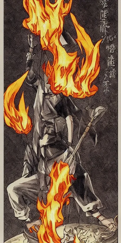 Image similar to powerful anime judge with a magic gavel on fire, in a court room with a justice scale on his desk, drawn by a famous anime artist, high quality, fine lines, amazing detail. colored, intricate ink painting detail the justice tarot card