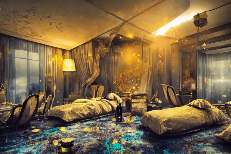 Prompt: luxury futuristic hotel room with a messy seating area, 3 shiny golden and blue metallic steampunk robots sleeping on bed and floor, messy room with empty bottles all over the floor, realistic, pressphoto, dawn light, insanely detailed, 3 5 mm lens, wide shot