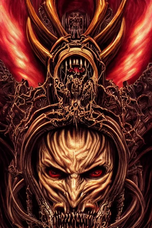Image similar to Elden Ring and Doom themed painting of majestic crimson biomechanical infernal demon human hybrid beautiful undead angel symmetrical angry mask closeup face angry mask closeup tattoo pattern golden ratio concept, Neo-Gothic concept, infinity glyph waves, intricate artwork masterpiece, very coherent artwork, cinematic, full frontal facial features by Artgerm, art by H.R. Giger, Takato Yamamoto, Zdizslaw Beksinski, Johnatan Wayshak, Moebius, Ayami Kojima, very anatomically coherent artwork, trending on cgsociety, ultra high quality model, production quality cinema model, high detail chromatic ink outline, octane render, unreal engine 8k, hyper realism, high detail, octane render, unreal engine, 8k, High contrast