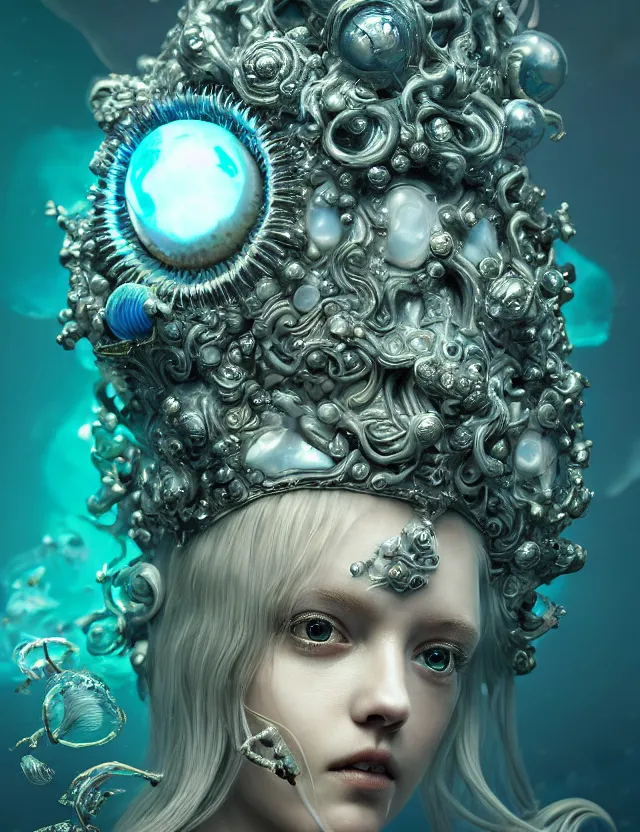 Image similar to goddess macro close - up portrait wigh crown made of ram skull. betta fish, jellyfish phoenix, bioluminiscent, plasma, ice, water, wind, creature, super intricate ornaments artwork by tooth wu and wlop and beeple and greg rutkowski