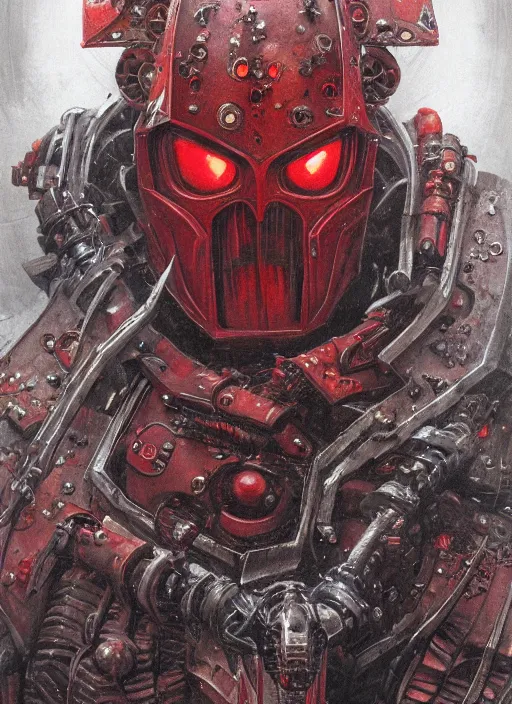 Image similar to portrait of rotten flash head adeptus mechanicus in red hood and robe from Warhammer 40000. Highly detailed, artstation, illustration by and John Blanche and zdislav beksinski and wayne barlowe
