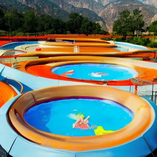 Prompt: a giant swimming pool but instead of water it is chicken soup