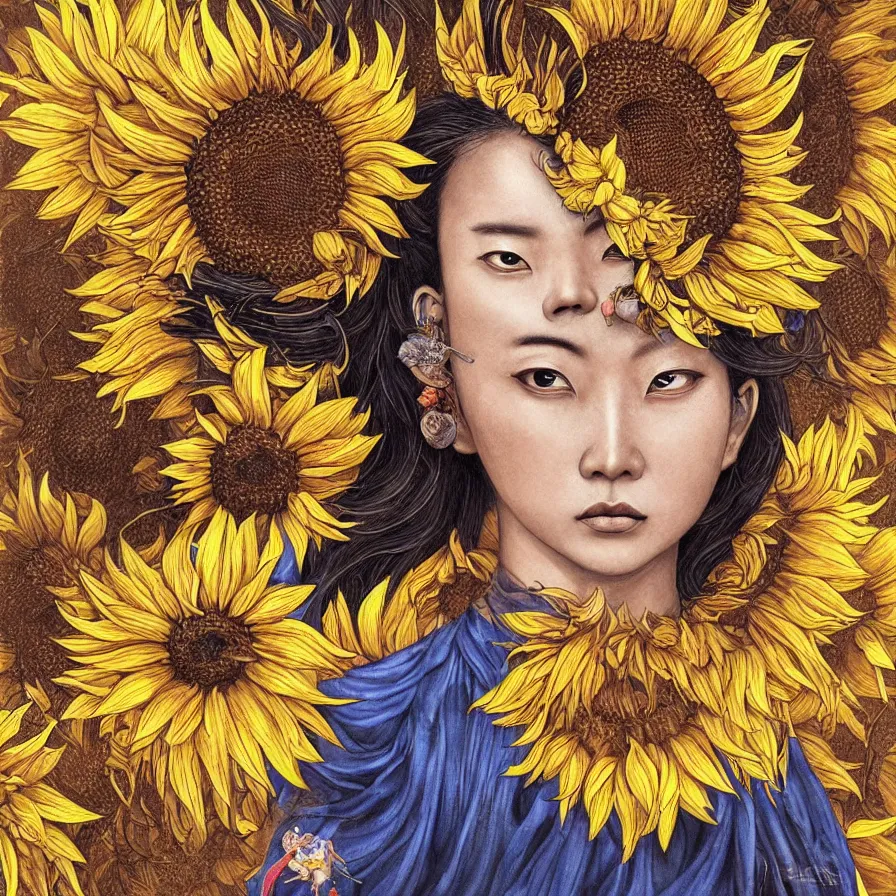 Prompt: The beautiful sunflower Chinese goddess-queen and her eyes burning with fire, she wears an helianthus crown and a black, brown and yellow dress, colourful artwork, indigo background, surreal, dramatic lighting, face, detailed, intricate, elegant, highly detailed, digital painting, artstation, concept art, smooth, sharp focus, illustration, art by Sam Spratt, Dan Mumford, Artem Demura and Alphonse Mucha